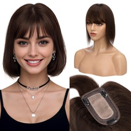 S-noilite Human Hair Toppers for Women with Bangs 100% Real Human Hairpiece 5"x3" Clip in Silk Base Topper Piece Cover Thinning Fine Hair 12 inch Chocolate Brown