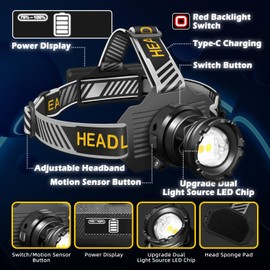 Ochter Rechargeable LED Headlamp, Super Bright Headlamp Flashlight with Motion Sensor, 90° Adjustable Zoomable Waterproof Head Lights for Forehead, Headlamps for Adults Camping Hiking Fishing Hardhat