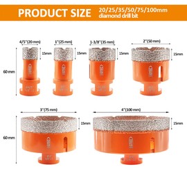 BGTEC 6pcs Dry Diamond Core Drill Bits Set for Porcelain Tile Ceramic Marble Brick Hole Saw Mixed 20/25/35/50/75/100MM