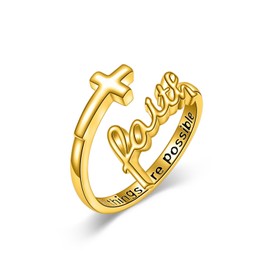 Shusukue Cross Rings Faith Ring 925 Sterling Silver Adjustable Cross Wrap Ring Yellow Gold Plated Christian Fashion Band for Women,Size 7