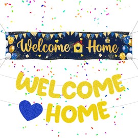 Welcome Home Letter Banner Decorations - Blue Gold Welcome Back Hanging Backdrop Military Relatives Returning Housewarming Decor,Glitter Letter Banner for Homecoming Family Party Indoor Outdoor