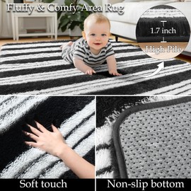 KICMOR Rugs for Living Room, Black and White Fluffy Shag Soft 5x8 Area Rug Large Bedroom Carpet, Big Plush Fuzzy Shaggy Furry Striped Rug for Kids Boys Girls Teen Dorm Nursery Home Decor Aesthetic