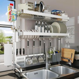 LIVOD Over The Sink Dish Drying Rack,3 Tier Adjustable Length Full Stainless Steel Large Storage Kitchen Dish Rack,for Kitchen Counter Expandable Multifunctional Organizers,Silver (25.5'' to 37.6'')