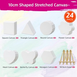 24-Pack 10cm (4") Mini Canvas for Kids, 100% Cotton Acid-Free Stretched Canvases with Easel for Painting, 5/8 Inch Profile 8 Ounce Shaped Canvas for Acrylics,Oils Paints, Perfect for Painting Party