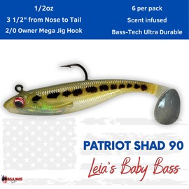 USA Bass Tackle Patriot Shad - Scent Infused Paddle Tail Swimbaits Pre Rigged Fishing Lures Premium Bait Strong Owner Hook, Fishing Gear for Freshwater Predator Fish (Leia's Baby Bass, 1/2oz - 3.5")