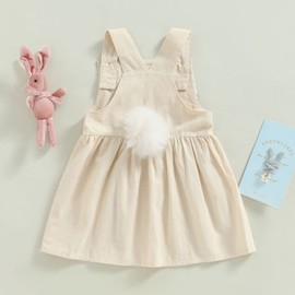 woshilaocai Toddler Baby Easter Outfits Girls Sleeveless Romper/Dress Retro Bunny Spring Matching Clothes (2-3T,Cotton Linen Dress-Beige)