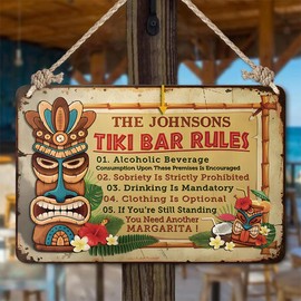YOYI Funny Metal Tiki Bar Decor Tin Sign - Tiki Bar Rules, Vintage Patio Signs for Outside, Outdoor, Tiki Bar, Pool, Beach Hawaii Theme Room Decor Wall Art, 12 x 8 inch