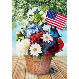 America Forever Red White Blue Blooms House Flag, 28 x 40 inch Double Sided, Patriotic Flower Basket American Flag Butterfly 4th of July Summer Floral Outdoor Decor