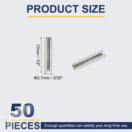 PATIKIL Slotted Spring Pin, 50 Pcs 3/32" x 1/2" (2.7mm x 12mm) 304 Stainless Steel Split Roll Pins Spring Dowel for Home Improvement Automotive Machine Repair, Silver