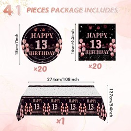 41Pcs 13th Birthday Decorations for Girls Rose Gold Happy 13 Birthday Party Supplies for Her Including Tablecloth,Plates,Napkins, 13 Year Old Girl Birthday Tableware for Sweet Teenager Birthday Party