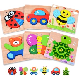 MAGIFIRE Wooden Puzzles for Toddlers 1-3 - 6-Pack - Holiday Set & Animal Puzzle Gift - Chunky Pieces for Motor Skills - Animal & Vehicle Shapes & Eco-Friendly Toddler Toys