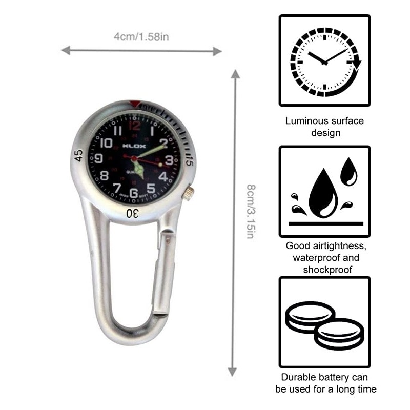 Klox White Silver Clip on Carabiner FOB Watch with Black