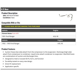 Marketplace Auto Parts A/C Hose Assembly - Compatible with 1991-1993 Ford Ranger 4.0L V6 (From 4/1991)