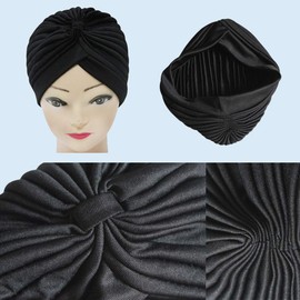 Pleated Headpiece Turban Cap India Sun Hat Arabic Festival Vintage Plain Unisex, Black X 2