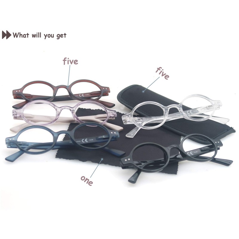 HEEYYOK 2.0 Round Reading Glasses For Women Men 5-Pack,Spring Hinge,Retro