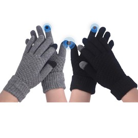 2 Pairs Women Soft Lining Thermal Gloves Adult Winter Warm Knitted Touch Screen Knitted Gloves for Running Skiing Cycling (Black + Gray, One Size)