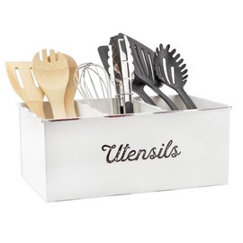 AuldHome Large Enamelware Utensil Holder, White Farmhouse Cooking Caddy or Spoons/Forks/Knives Storage for Countertop and Table