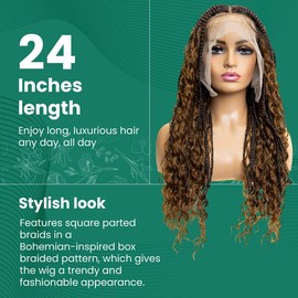 PIB 24" - Single Full Lace Braid Wig – Boho Box Braided Wig Square Parted, Knotless Braided Wigs for Black Women, Synthetic Lace Wigs with Natural Baby Hair (1B30, Off Black and Brown)