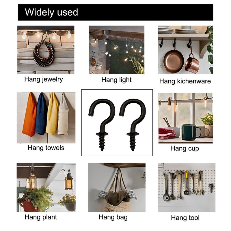 IDEALSV Small Black Ceiling Hooks 1/2'' Screw-in Light Hooks DIY