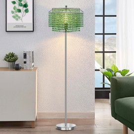 Crystal Floor Lamp, 64" Tall Elegant Standing Lamp with On-Off Foot Switch, Silver Lamp with Green Double-Layer Crystal Lampshade , Standing Lamps for Bedroom, Living Room, Office, 8W Bulb Included