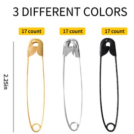 Hudinsun 50 PCS Large Safety Pins Assorted, Silver and Black and Gold Safety Pins Bulk for Sewing and Clothes(56mm)