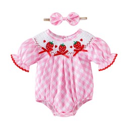 FOCICI Baby Girl Clothes 6-9 Months Infant Smocked Romper Plaid Strawberry Embroidery Short Sleeve Bubble Bodysuit + Cute Bow Headband Summer Outfits Pink 6-9 Months