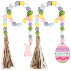 CCINEE Spring Wood Bead Garland with Tassels and Bunny Tag Easter Wood Bead Garland Wooden Beaded Boho Decor Farmhouse Rustic Hanging Decorations for Home Room Wall Tiered Tray Shelf