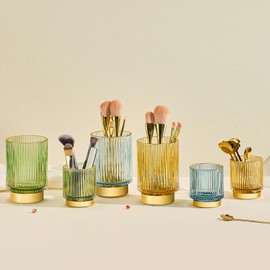 LEICURACE Makeup Brush Holder Organizer,Toothbrush Holders,Desk Pen Pencil Holder,Multifunctional Vintage Glass Brush Cup（Blue/S+L）