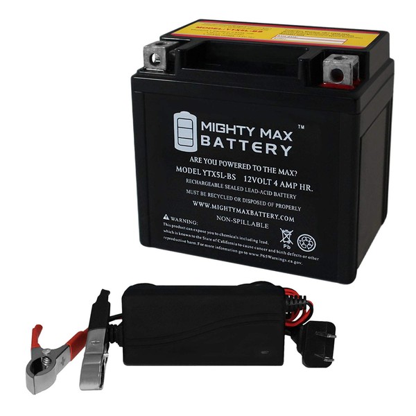 Mighty Max Battery YTX5L-BS Battery for Yamaha 90 YFM90R Raptor 09-13 + 12V 1Amp Charger
