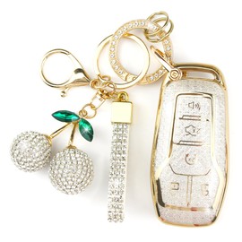 Rayslesan Sparkly Key Fob Cover with Cherry Keychain, Bling TPU Smart Key Case for Women, Compatible with Ford Fusion (Mondeo) Mustang F150 Edge Explorer,Lincoln MKZ MKC MKX (5-Button, Gold White)
