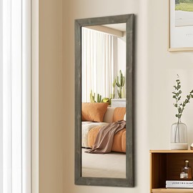 infurnic Door Mount Mirror, Over The Door Mirror for Wall, 44"x18" Full Length Mirrors, Wooden Frame Rectangular Mirrors Hanging with 2 Metal Hangers for Bedroom,Dressing Room, Brown