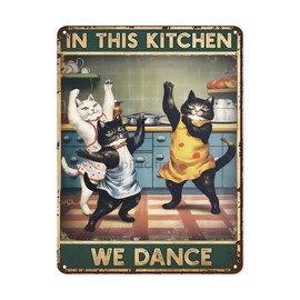 TopPacific 12x8 inches Tin Sign Funny Cat, In This Kitchen We Dance" Vintage Poster, Love Cooking Vintage Poster, Love Cat Vintage Poster, Cat Cooking Lovers Gift, Tin Painting(6)