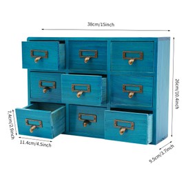9 Drawers Wooden Library Card Catalog Cabinet with Label Slots and Metal Handles,Tabletop Apothecary Cabinets,Herb Storage Box,Blue