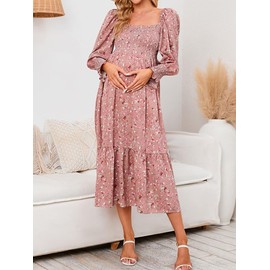 IFFEI Maternity Dress Long Sleeve Boho Midi Dress Floral Smocked Casual Dress Baby Shower Photoshoot Pink M