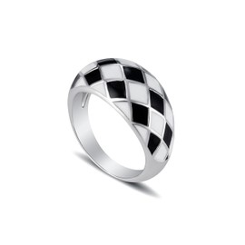 Checkered Ring for Women Girls Black and White Checkered Ring Chunky Dome Rings Checkerboard Bands Statement Finger Ring(silver 6)