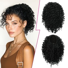 PEACOCO Drawstring Ponytail Extension 12 Inch Short Afro Puff Kinky Curly Ponytail for African American Synthetic Pony Tails Hair Extensions Hairpieces for Women (1B)