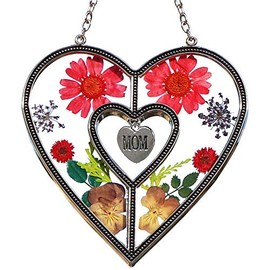 Gifts for Mom from Son Daughter, Mothers Day Heart Suncatchers Window Decor Wind Chime with Pressed Flower, Stained Glass Handicraft Engraved Mom, Mother’s Gifts for Christmas Thanksgiving Ornament