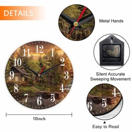 Mxocom Cabin by River Wall Clock Wooden Hut Tranguility Warmt 10 Inch Silent Non Ticking Battery Operated Clock Vintage Round Clock for Living Room Bedroom Bathroom Office Decor