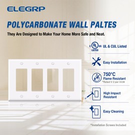 ELEGRP 4-Gang Decorative Wall Plates, Mid-Size 4.88" H x 8.57" L Unbreakable Thermoplastic Faceplate Cover for Decorator Receptacle Outlet Switch, UL Listed (1 Pack, Glossy White)