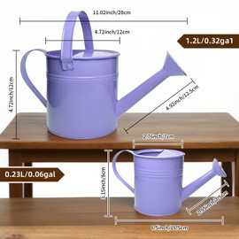 Small Metal Watering Can Set, Pink, 1.2L and 0.23L Garden Cans with Long Spout, Indoor Outdoor Plant Care (Purple)