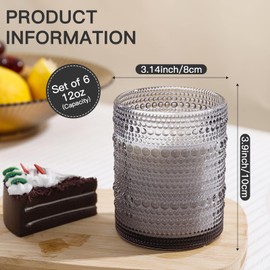 JOVGANK Grey Vintage Hobnail Drinking Glasses Set of 6, Embossed Water Tumbler 12oz, Kitchen & Bar Beaded Glass Cups, Beverage Glass Cups for Water, Beer, Juice, Cocktail Glassware, Grey