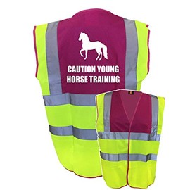 Equestrian Caution Young Horse Training Hi Viz Vis Vest Horse Riding Reflective Waistcoat Jacket Road Safety Visibility Yellow/Pink Small