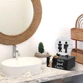 Bathroom Shelf Decor Farmhouse Funny Bathroom Decor Signs,3D Round Shiplap Signs and Book Stack-Hello Sweet Cheeks,Wooden Rustic Decor for Restroom Shelf Guest Bathroom(Black)
