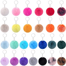 BQTQ 26 Pieces Pom Pom Keychain Fluffy Pom Pom Balls Faux Rabbit Fur Pom Pom Keyrings for Women Girls Bag Accessories, 26 Bright Colours
