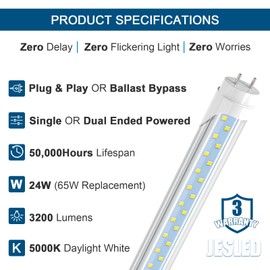 JESLED 4FT LED T8 Type A+B Tube Lights, 24W(65W Equivalent), 3200LM, 5000K, Single or Double End Powered, Plug and Play or Ballast Bypass, 4 Foot T10 T12 Fluorescent Bulbs Replacement, Clear(4-Pack)
