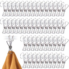 50PCS 304 Stainless Steel Hook Clip, Hanging Clip with Hook, Clothes Pins Hanging Universal Clips for Photo Display Decoration, Hanging Tablecloth Towel(50)