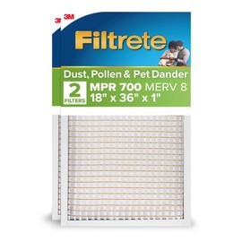 Filtrete 18x36x1 AC Furnace Air Filter, MPR 700, MERV 8, Tough on Pollen, Easy on Airflow, 3-Month Pleated 1-Inch Electrostatic Air Cleaning Filter, 2-Pack (Actual Size 17.81 x 35.81 x 0.65 in)