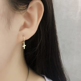 Small Huggie Hoop Earrings with Cross Dangle for Women Girls, Sterling Silver Huggie Earring with Drop Charm for Everyday