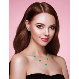 JIEMUCHU Gold Plated Stainless Steel Four Leaf Clover Necklace and Stud Jewelry Set for Women (Malachite-Gold Plated)