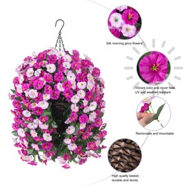 Artificial Hanging Flowers Plants in Basket, Fake Plant Silk Morning Glory Flower Arrangement for Outdoor Decor, UV Resistant Realistic Floral Planter for Outside Porch Patio Balcony (Fuchsia)